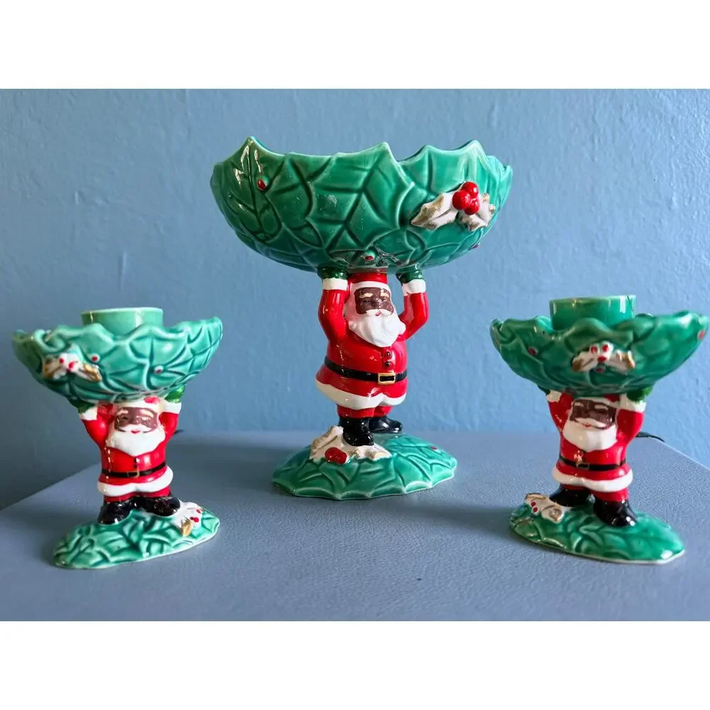 Vintage 1962 Napco Black Santa Claus Ceramic Console Set - Rare Mid Century